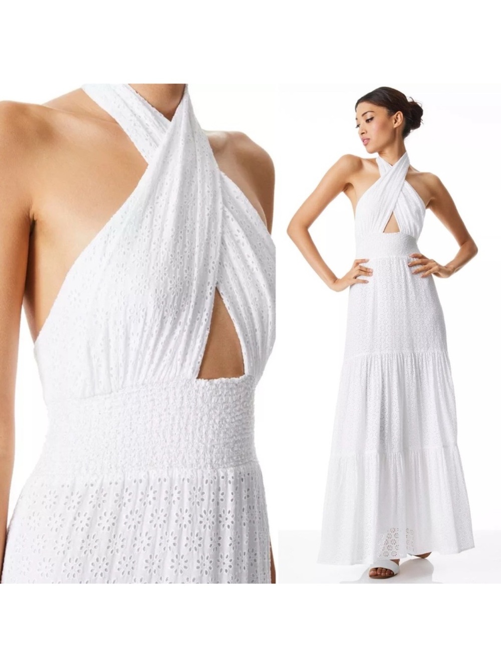 ALICE + OLIVIA Lyndon Cross Front White Maxi Dress Eyelet Flower Smocked‎ size 4